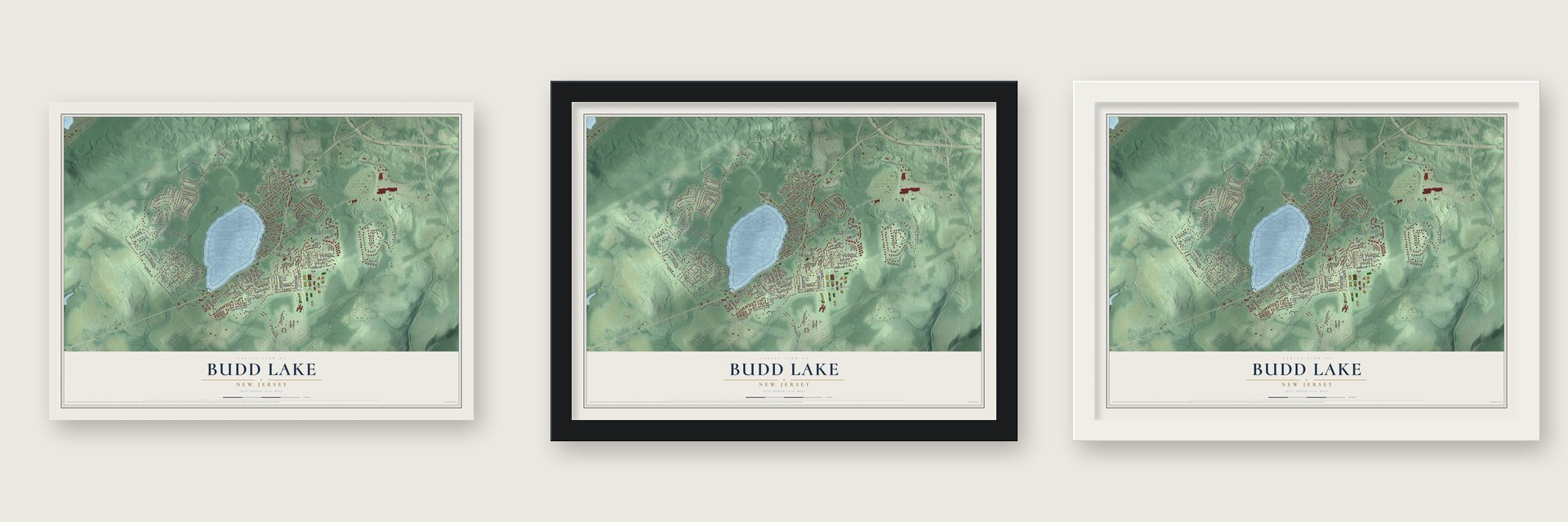 Budd Lake, New Jersey map unframed, in a black wood frame and in a white wood frame
