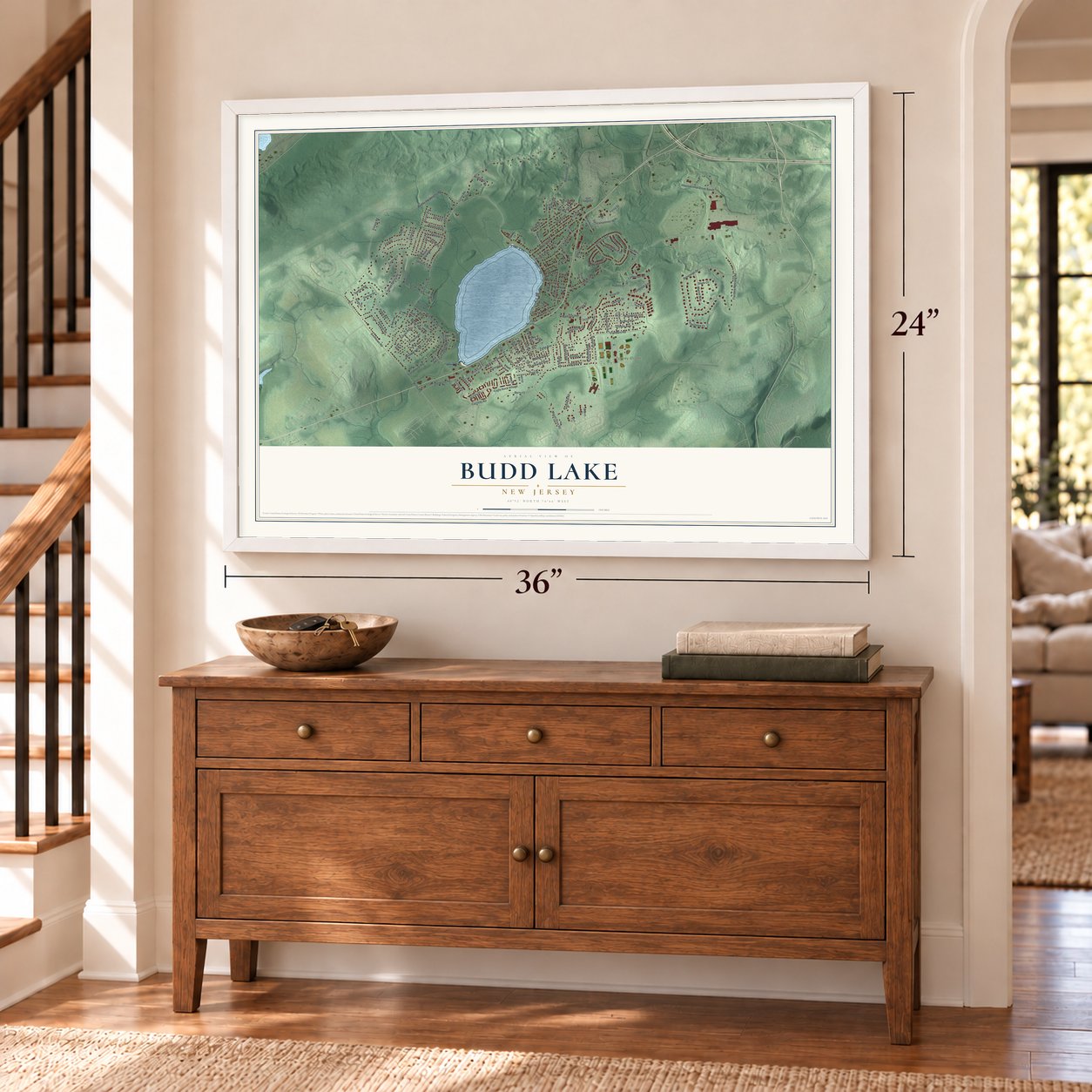 Budd Lake, New Jersey map, 24 x 36 inch print in a white frame above a dresser by a staircase