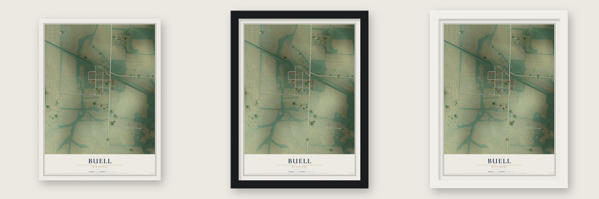 Buell, Missouri map unframed, in a black wood frame and in a white wood frame