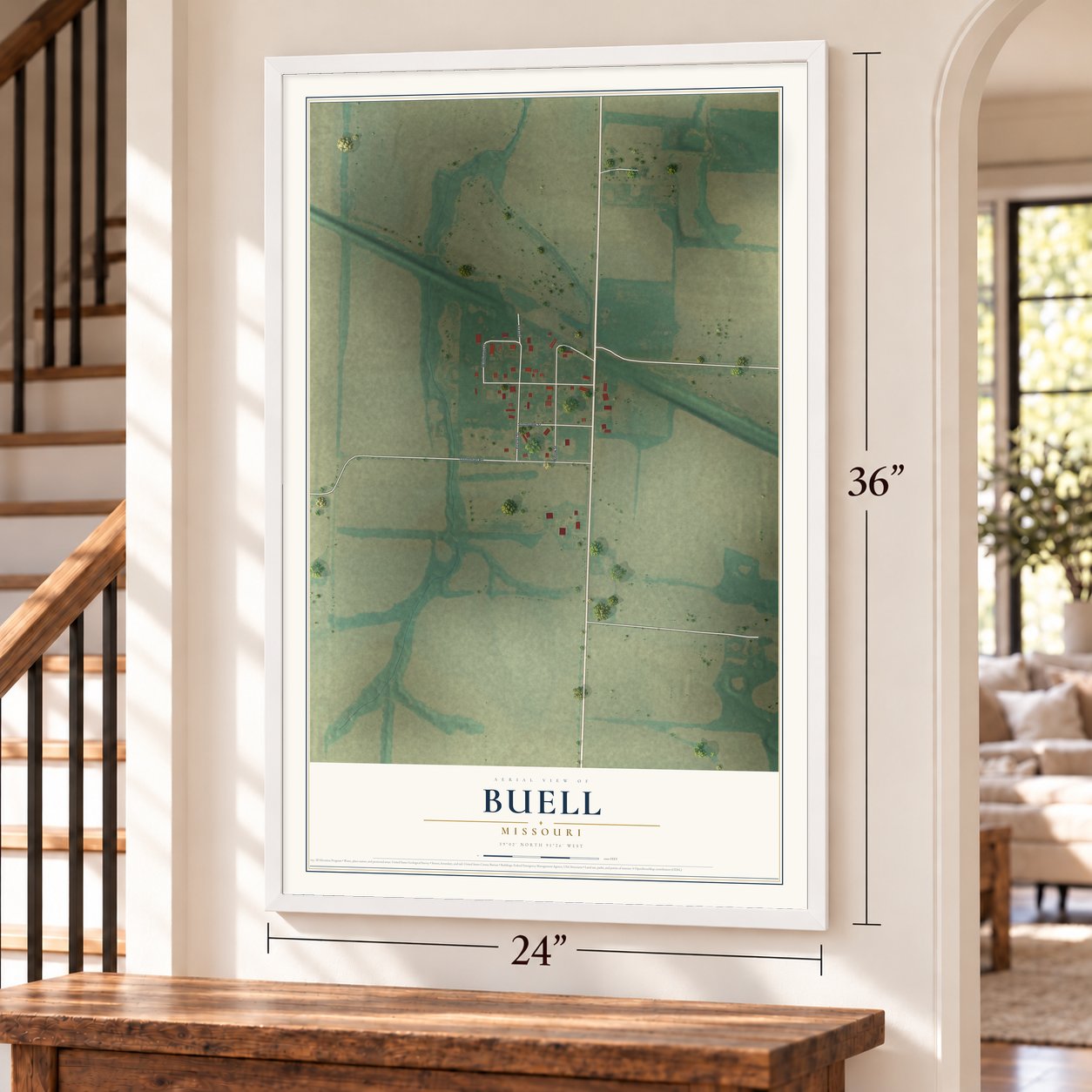 Buell, Missouri map, 24 x 36 inch print in a white frame by a staircase
