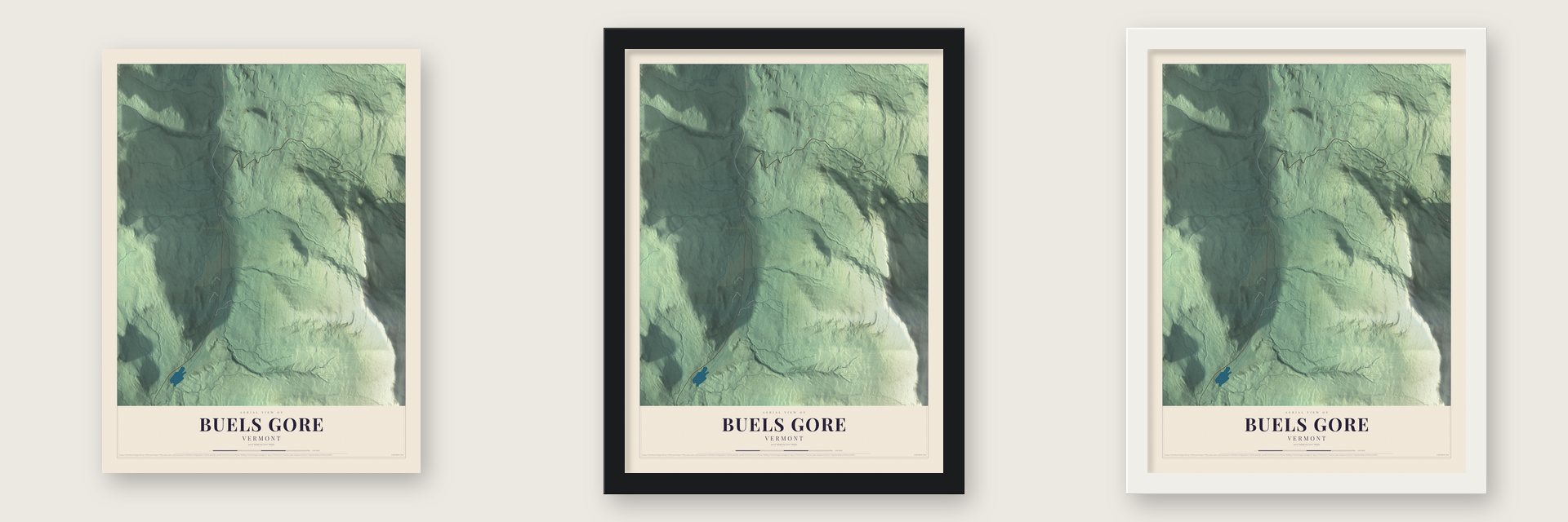 Buels Gore, Vermont map unframed, in a black wood frame and in a white wood frame