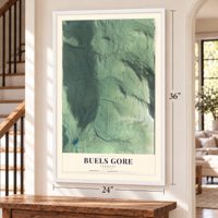 Buels Gore, Vermont map, 24 x 36 inch print in a white frame by a staircase