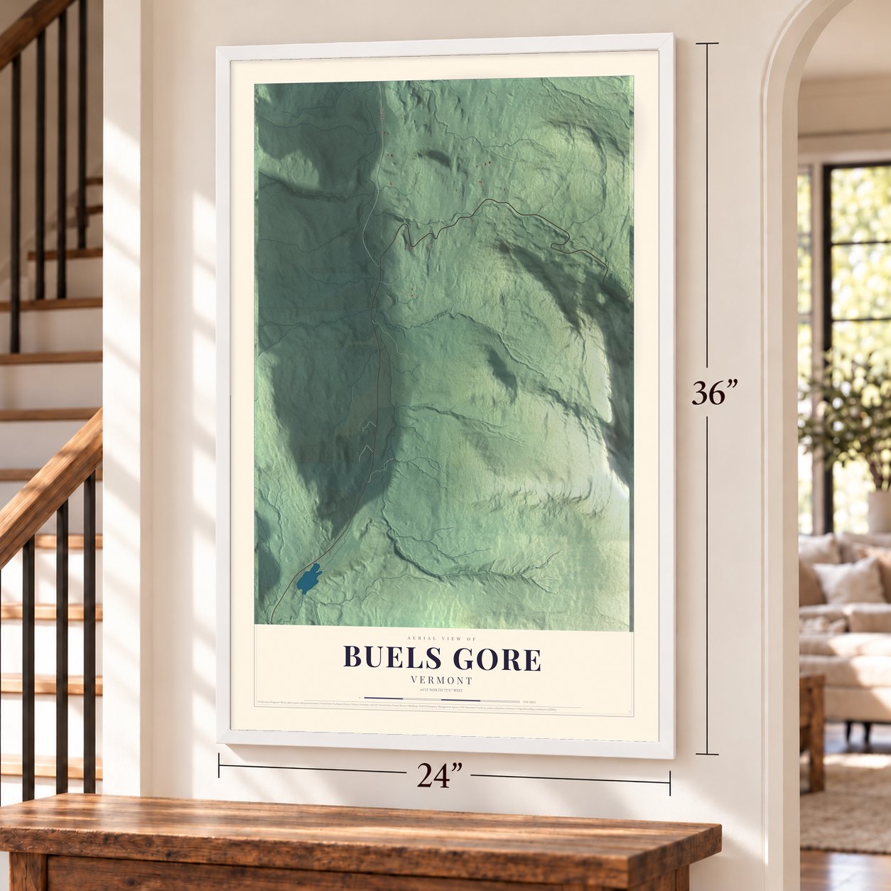 Buels Gore, Vermont map, 24 x 36 inch print in a white frame by a staircase