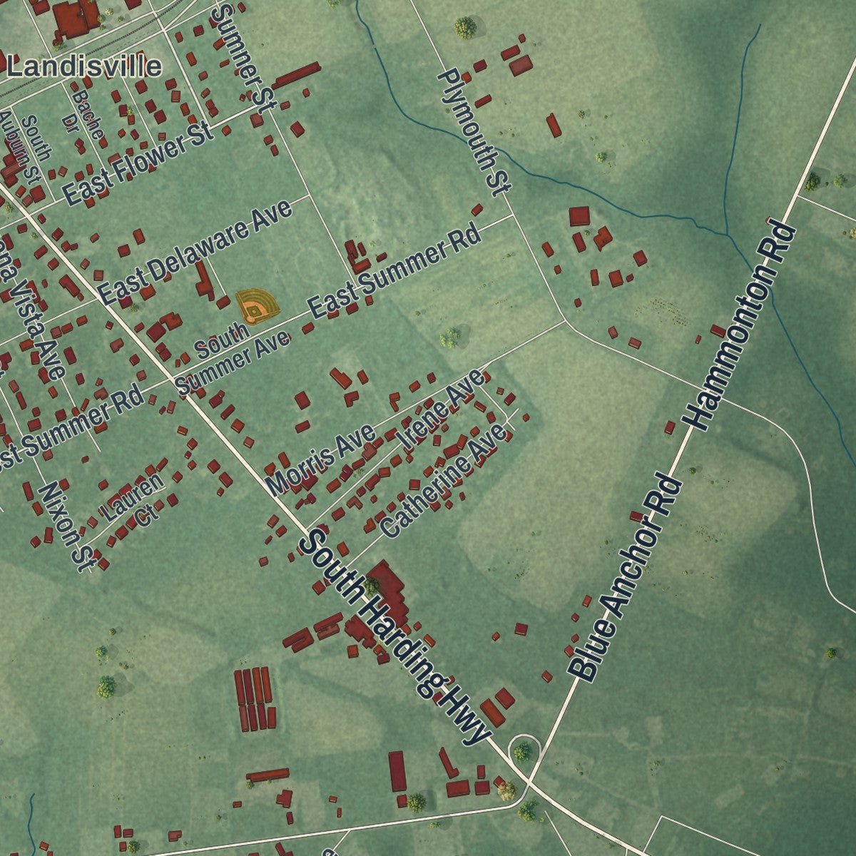 Second close-up of the map of Buena, New Jersey print showing more streets and buildings