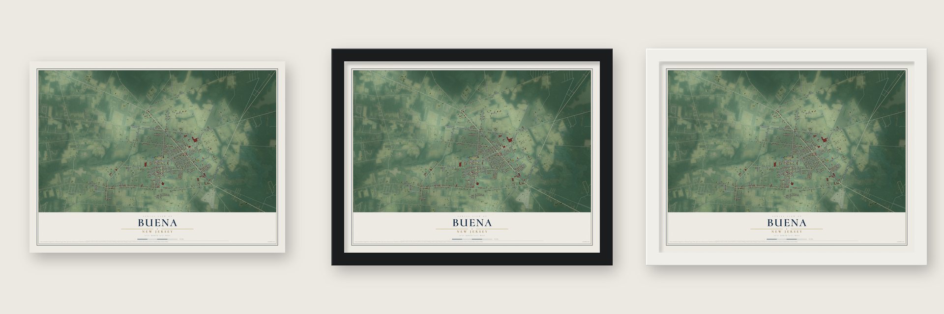 Buena, New Jersey map unframed, in a black wood frame and in a white wood frame