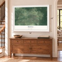 Buena, New Jersey map, 24 x 36 inch print in a white frame above a dresser by a staircase