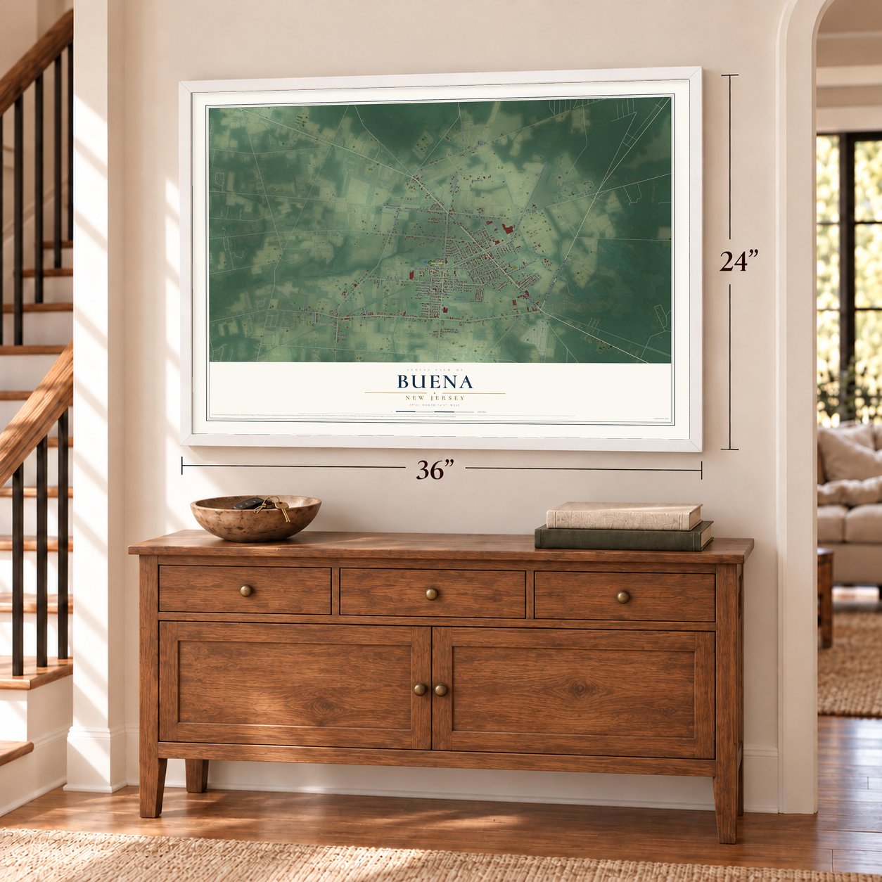 Buena, New Jersey map, 24 x 36 inch print in a white frame above a dresser by a staircase