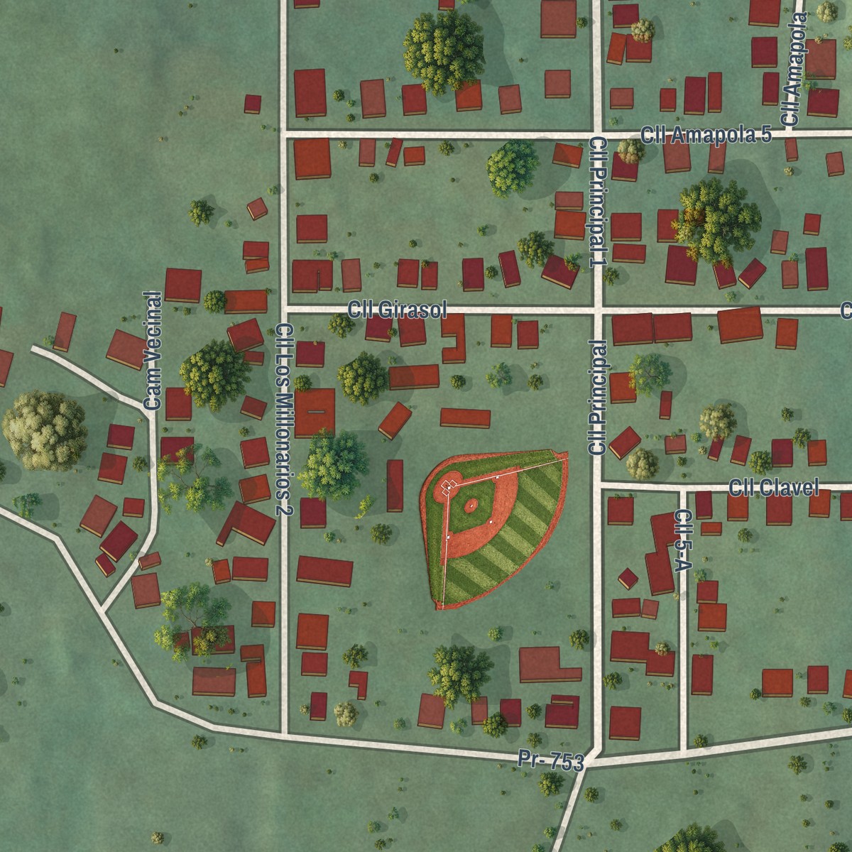 Second close-up of the map of Buena Vista, Arroyo Municipio, Puerto Rico print showing more streets and buildings