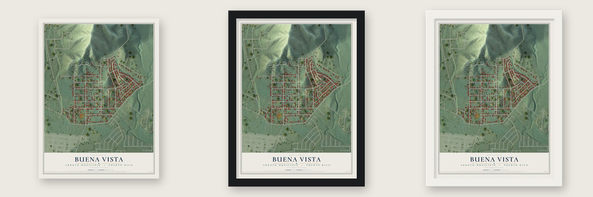 Buena Vista, Arroyo Municipio, Puerto Rico map unframed, in a black wood frame and in a white wood frame