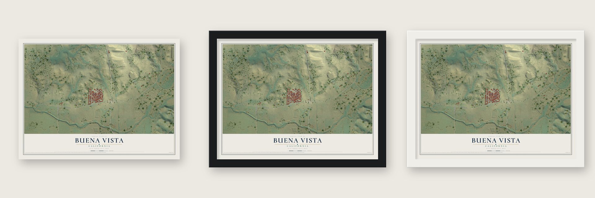 Buena Vista, California map unframed, in a black wood frame and in a white wood frame