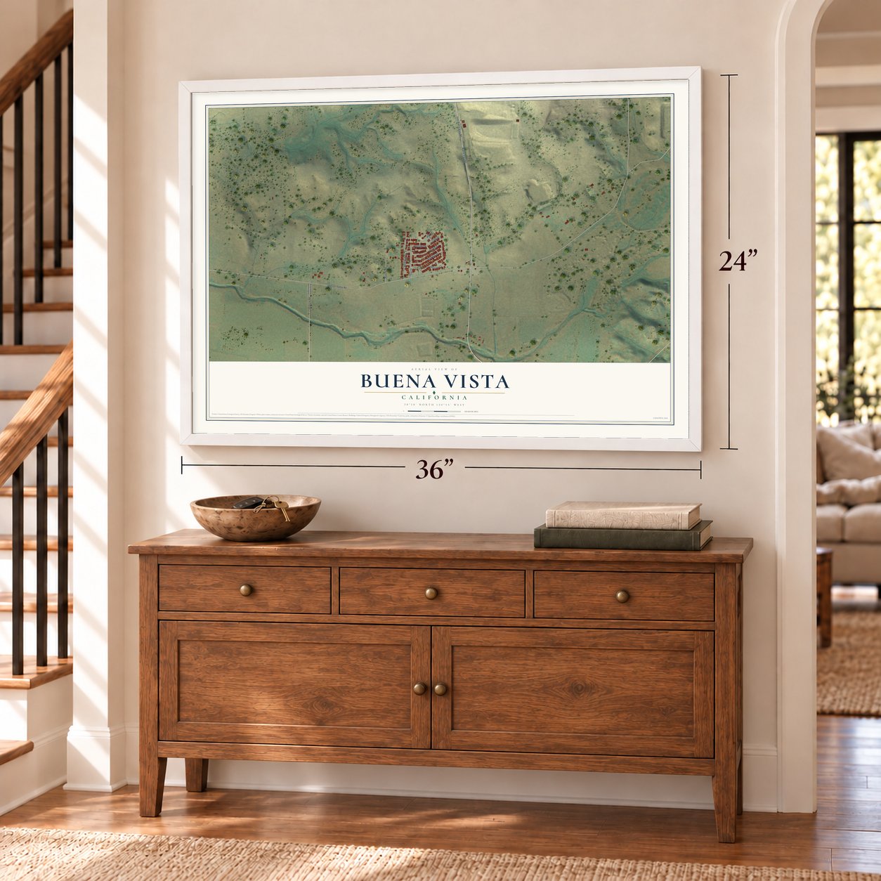Buena Vista, California map, 24 x 36 inch print in a white frame above a dresser by a staircase