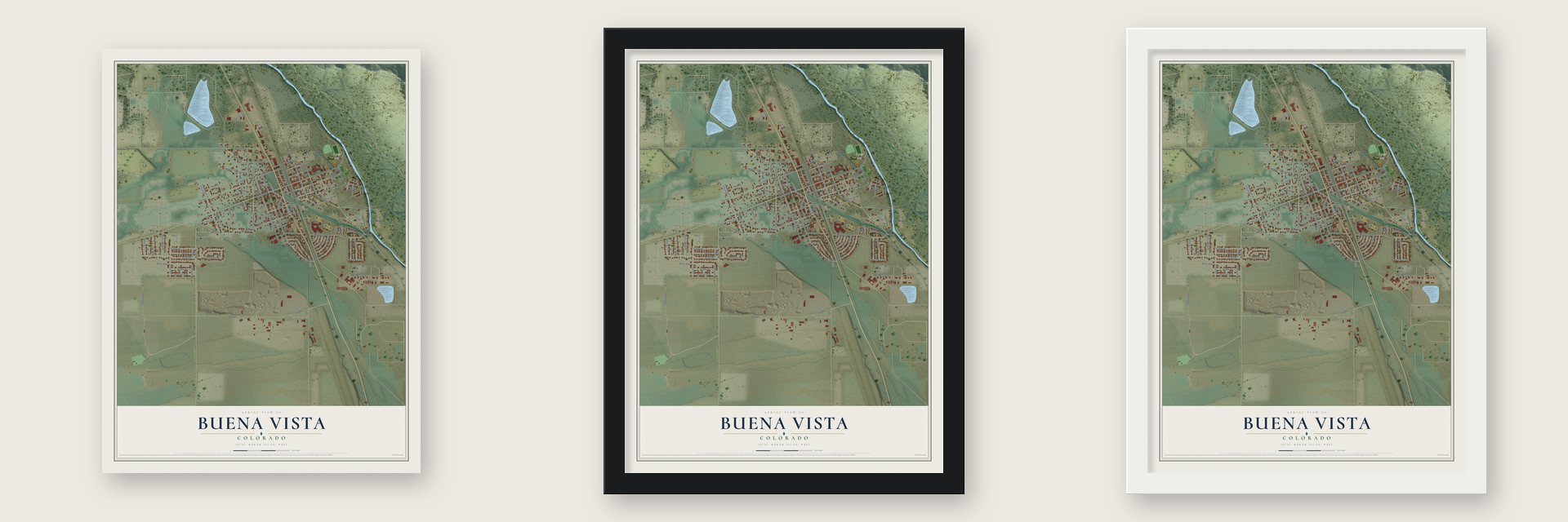 Buena Vista, Colorado map unframed, in a black wood frame and in a white wood frame