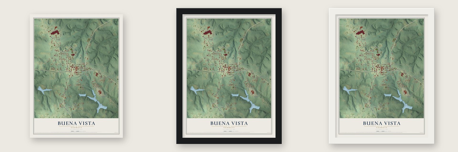 Buena Vista, Georgia map unframed, in a black wood frame and in a white wood frame