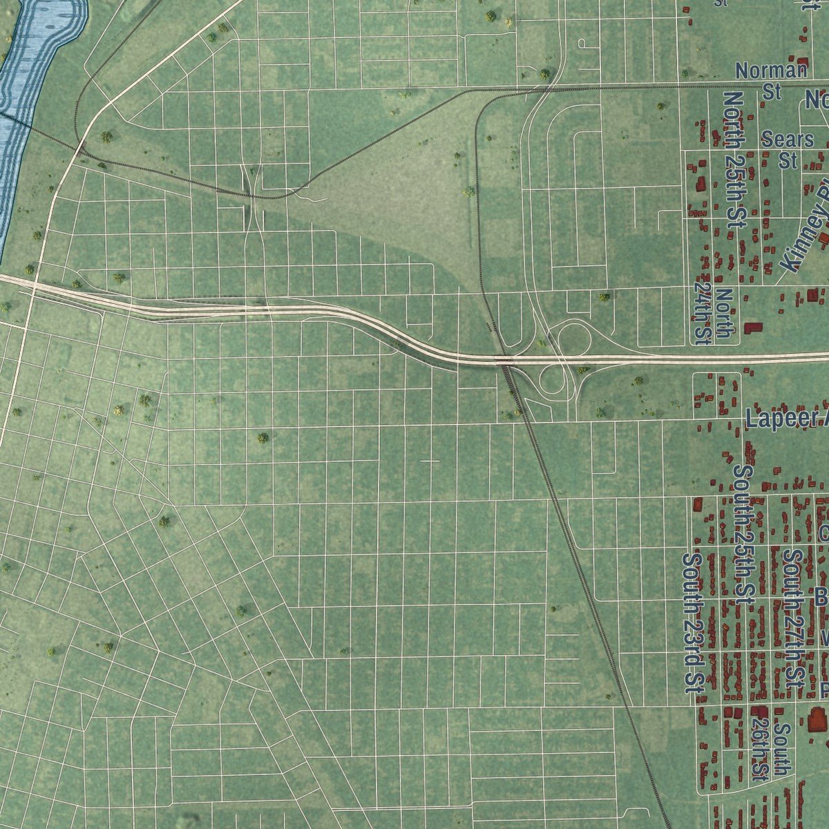 Second close-up of the map of Buena Vista, Michigan print showing more streets and buildings