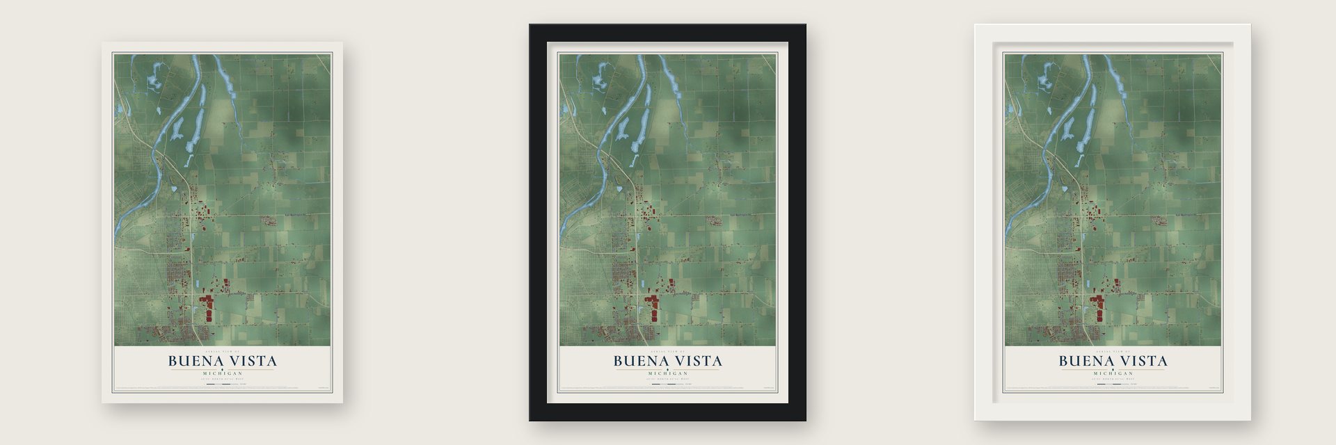 Buena Vista, Michigan map unframed, in a black wood frame and in a white wood frame