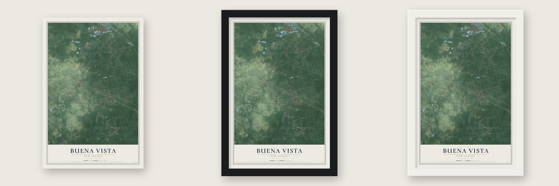 Buena Vista, New Jersey map unframed, in a black wood frame and in a white wood frame