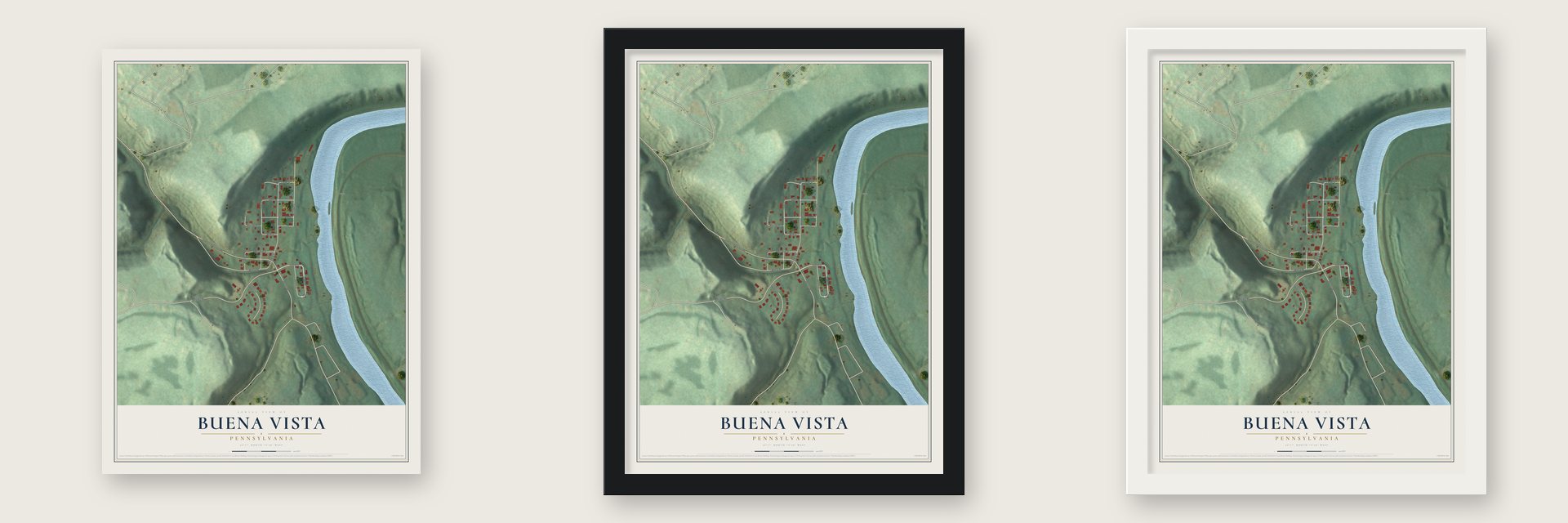 Buena Vista, Pennsylvania map unframed, in a black wood frame and in a white wood frame