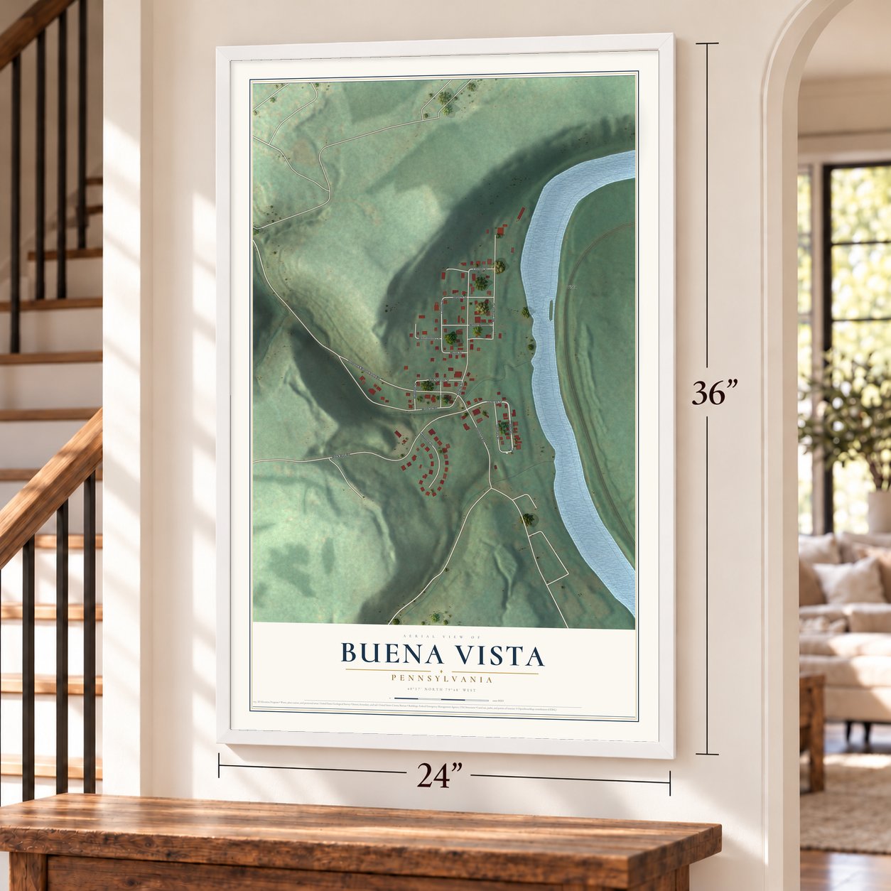 Buena Vista, Pennsylvania map, 24 x 36 inch print in a white frame by a staircase