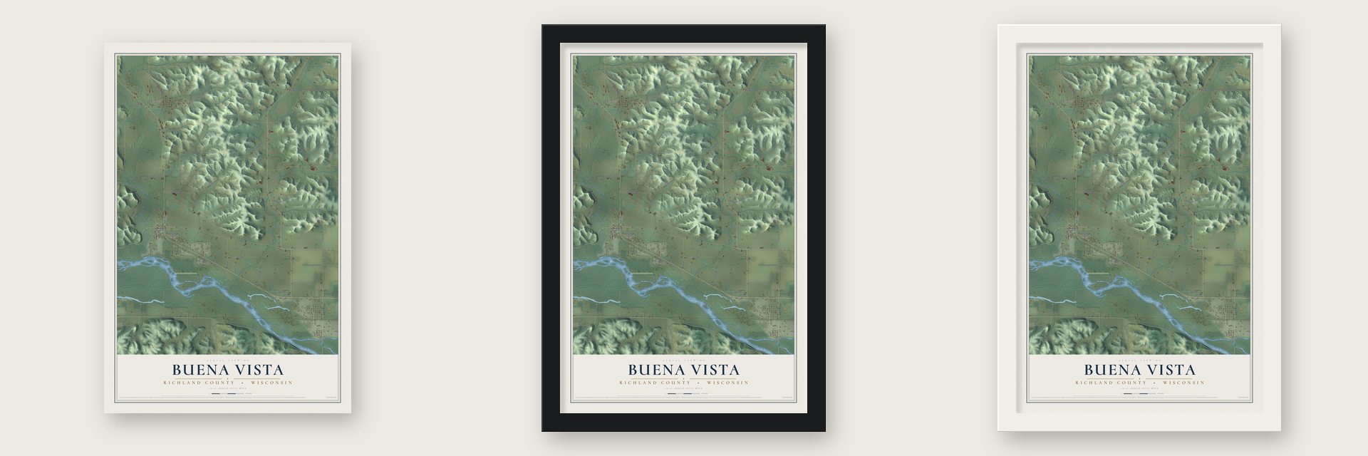 Buena Vista, Richland County, Wisconsin map unframed, in a black wood frame and in a white wood frame