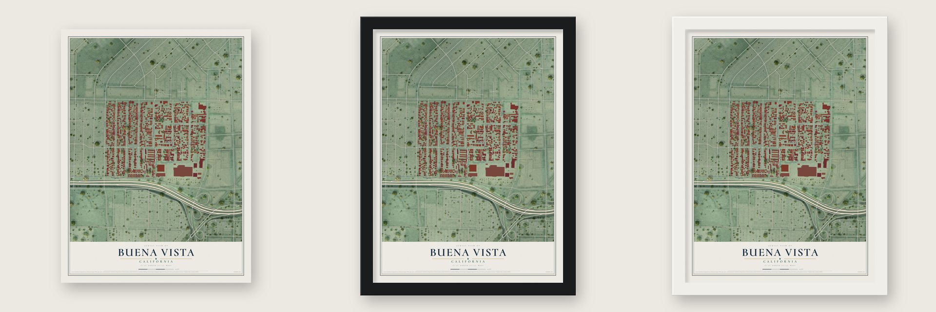 Buena Vista, San Jose, California map unframed, in a black wood frame and in a white wood frame
