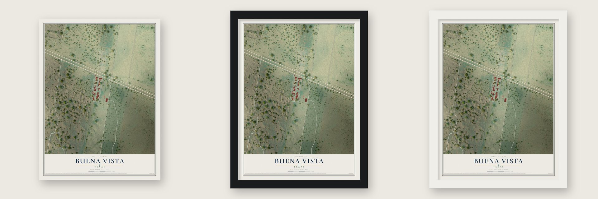 Buena Vista, Texas map unframed, in a black wood frame and in a white wood frame