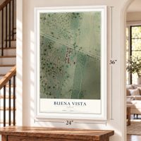 Buena Vista, Texas map, 24 x 36 inch print in a white frame by a staircase