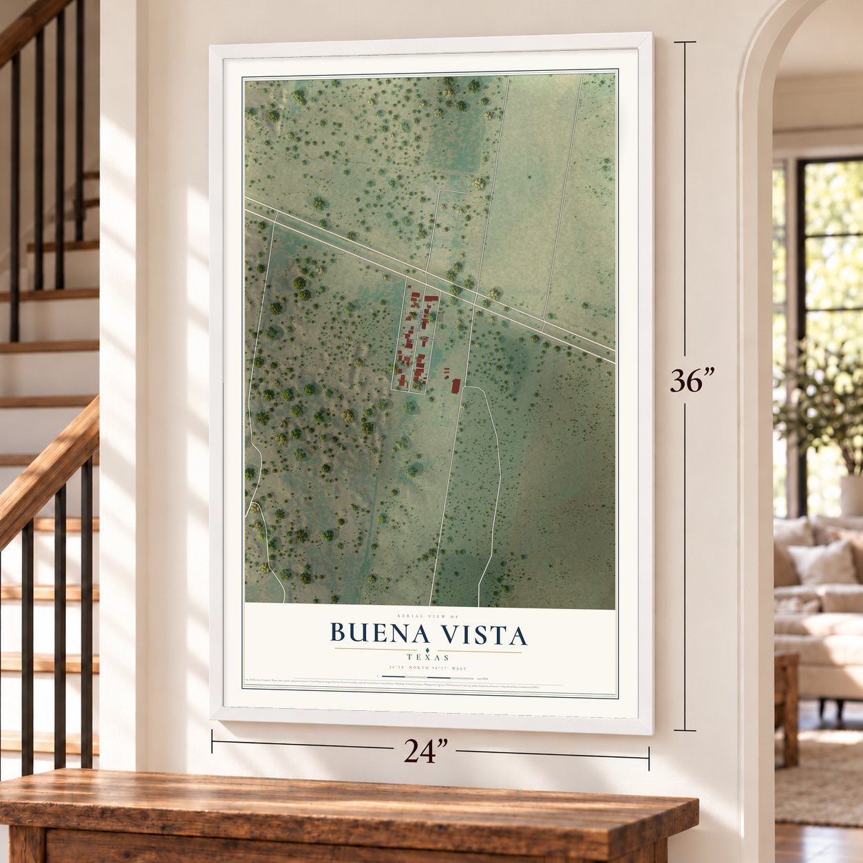 Buena Vista, Texas map, 24 x 36 inch print in a white frame by a staircase