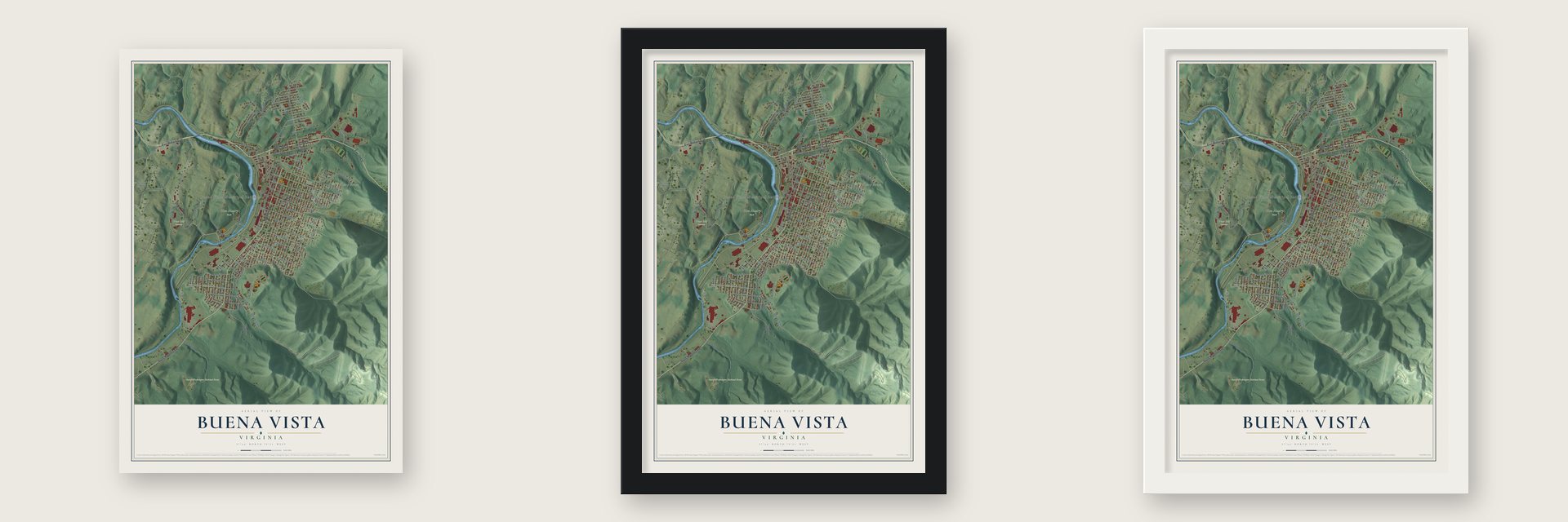 Buena Vista, Virginia map unframed, in a black wood frame and in a white wood frame