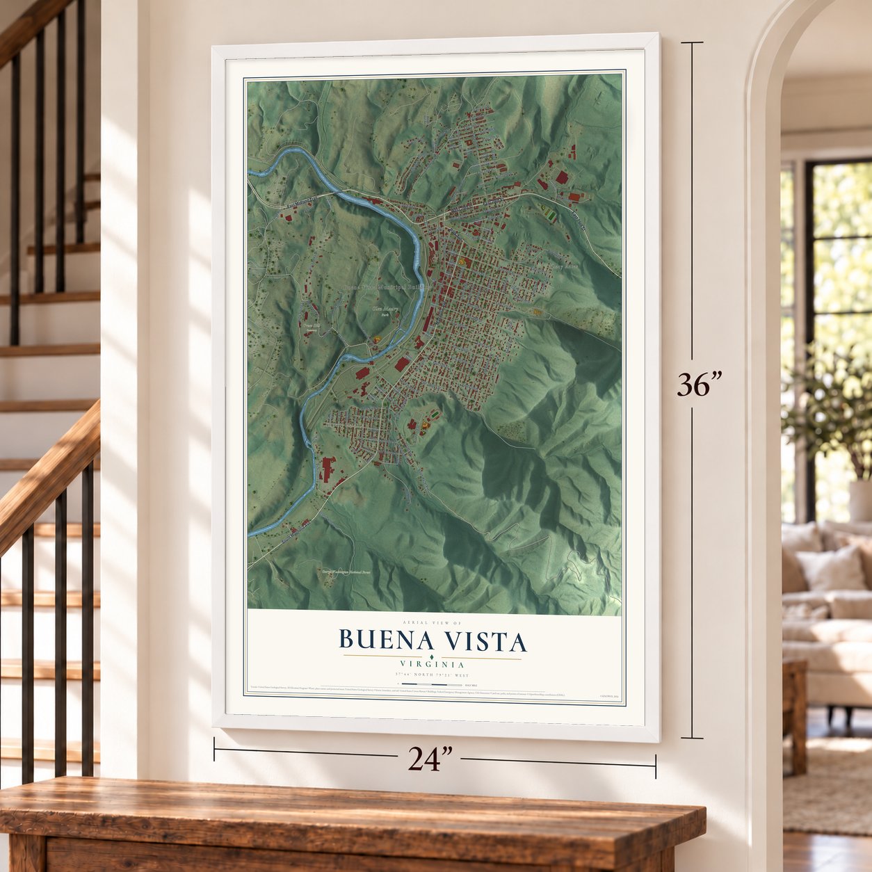 Buena Vista, Virginia map, 24 x 36 inch print in a white frame by a staircase
