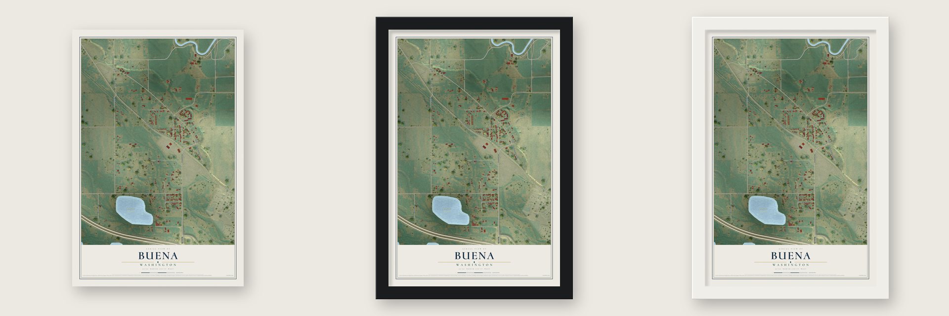Buena, Washington map unframed, in a black wood frame and in a white wood frame