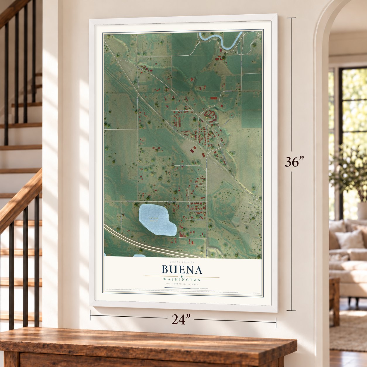 Buena, Washington map, 24 x 36 inch print in a white frame by a staircase