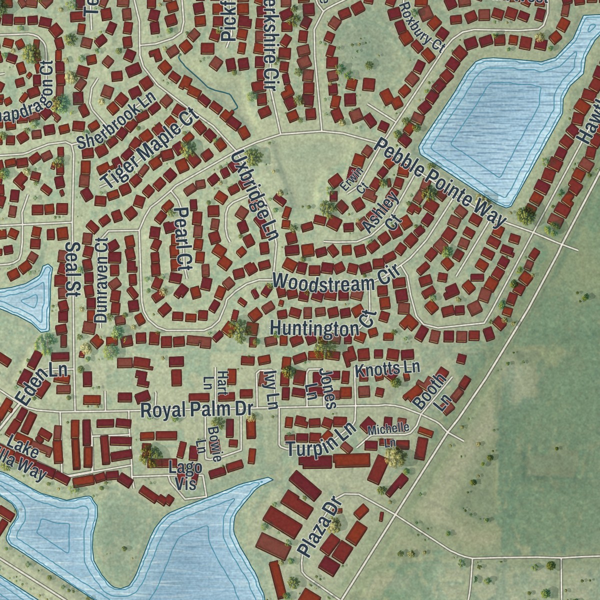 Second close-up of the map of Buenaventura Lakes, Florida print showing more streets and buildings