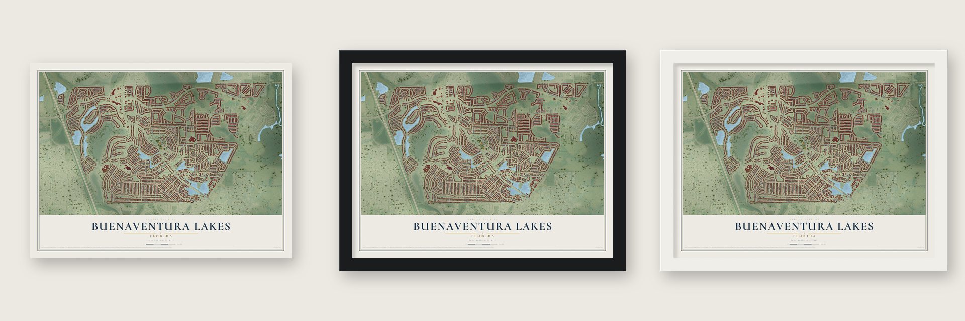 Buenaventura Lakes, Florida map unframed, in a black wood frame and in a white wood frame