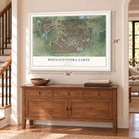 Buenaventura Lakes, Florida map, 24 x 36 inch print in a white frame above a dresser by a staircase