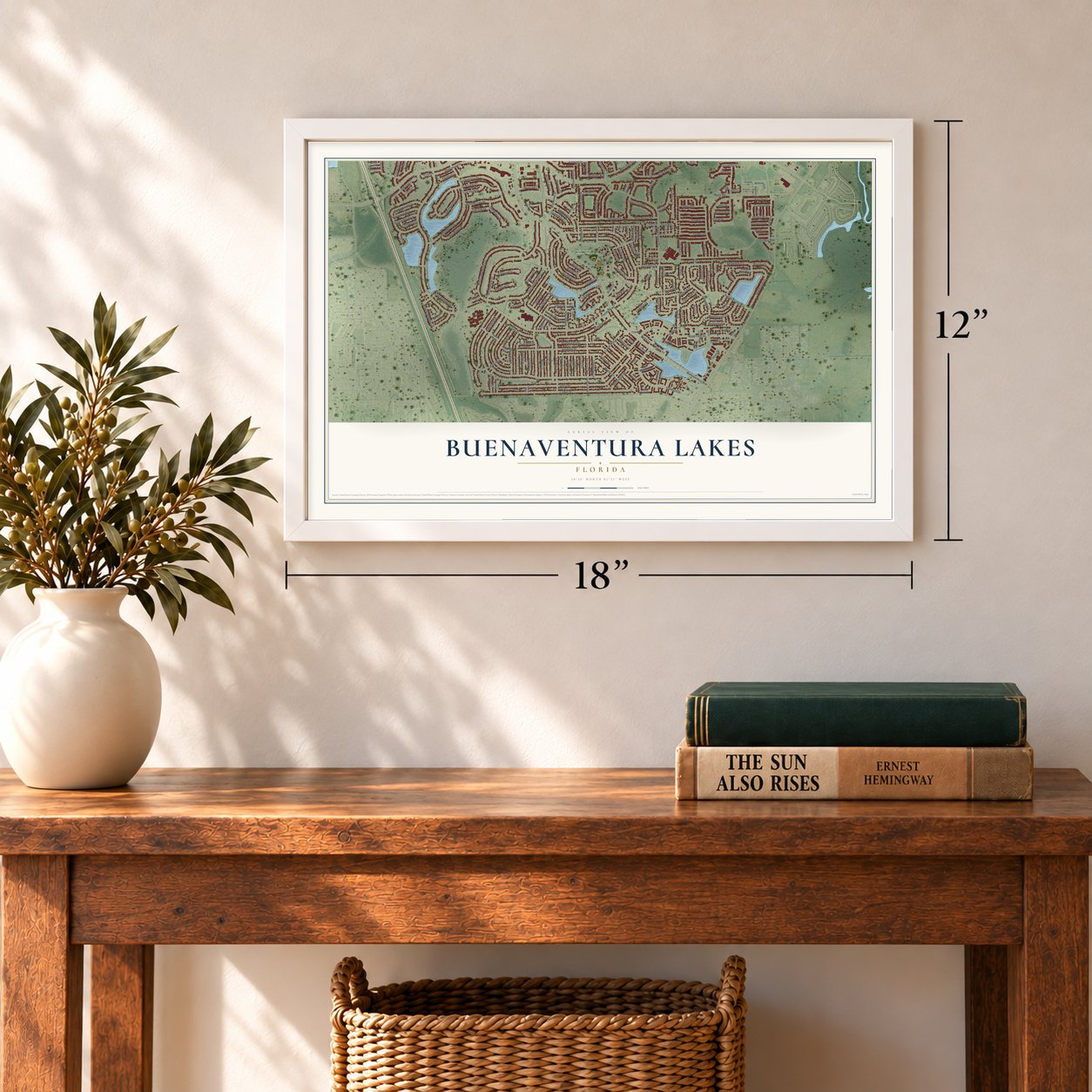 Buenaventura Lakes, Florida map, 12 x 18 inch print in a white frame in an entryway