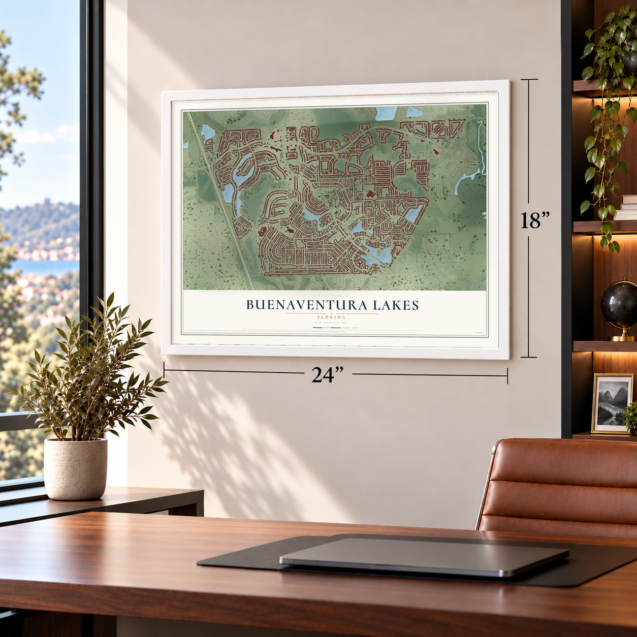 Buenaventura Lakes, Florida map, 18 x 24 inch print in a white frame in a home office