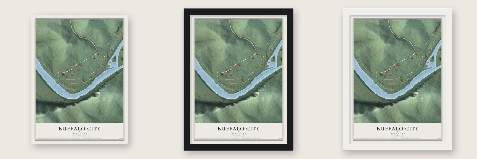 Buffalo City, Arkansas map unframed, in a black wood frame and in a white wood frame
