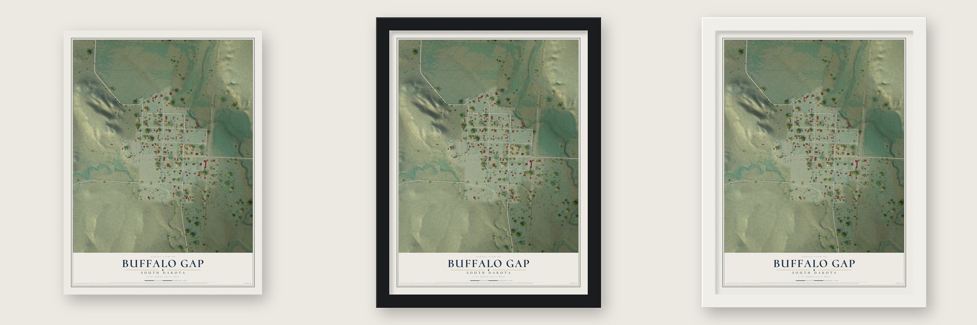 Buffalo Gap, South Dakota map unframed, in a black wood frame and in a white wood frame