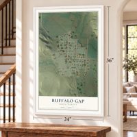 Buffalo Gap, South Dakota map, 24 x 36 inch print in a white frame by a staircase