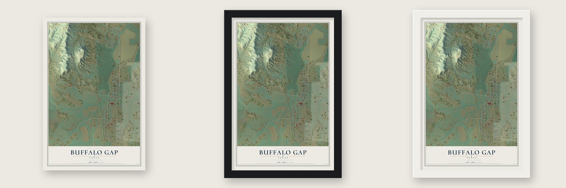 Buffalo Gap, Texas map unframed, in a black wood frame and in a white wood frame