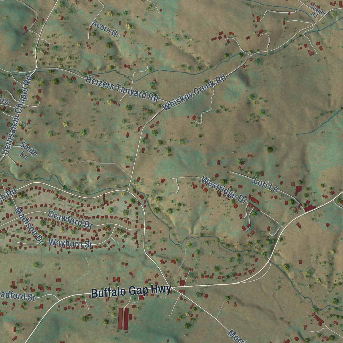 Second close-up of the map of Buffalo Gap, Virginia print showing more streets and buildings