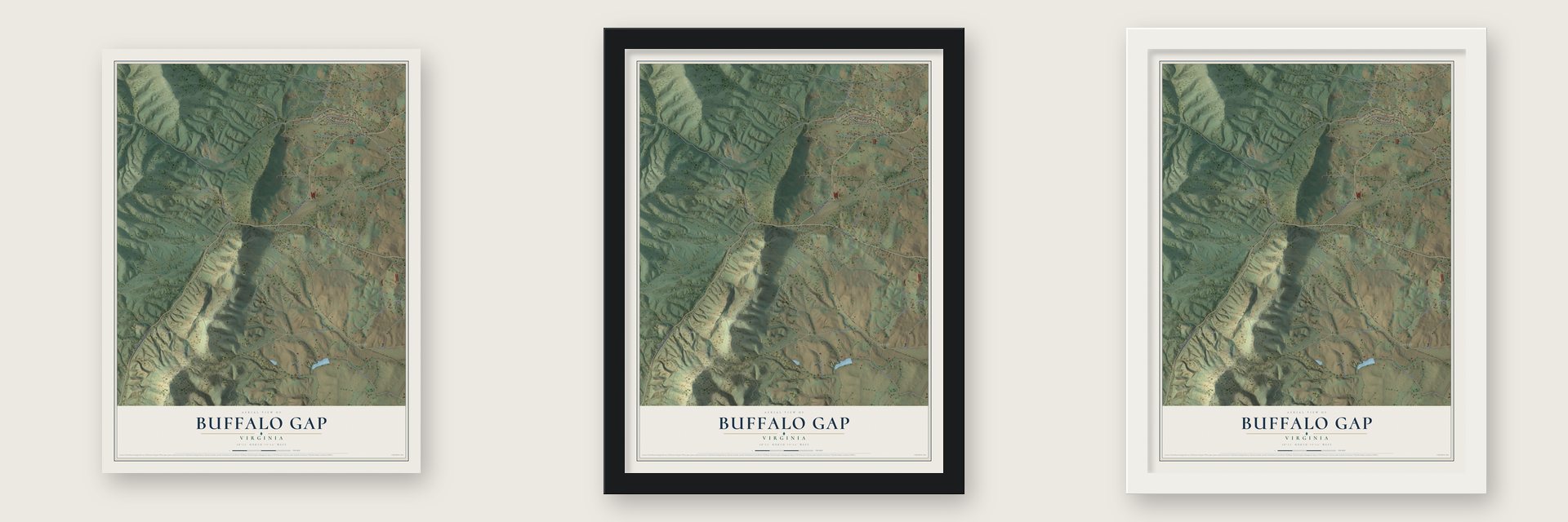 Buffalo Gap, Virginia map unframed, in a black wood frame and in a white wood frame