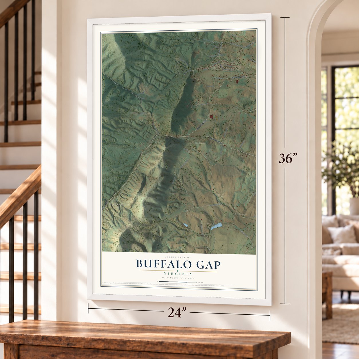 Buffalo Gap, Virginia map, 24 x 36 inch print in a white frame by a staircase