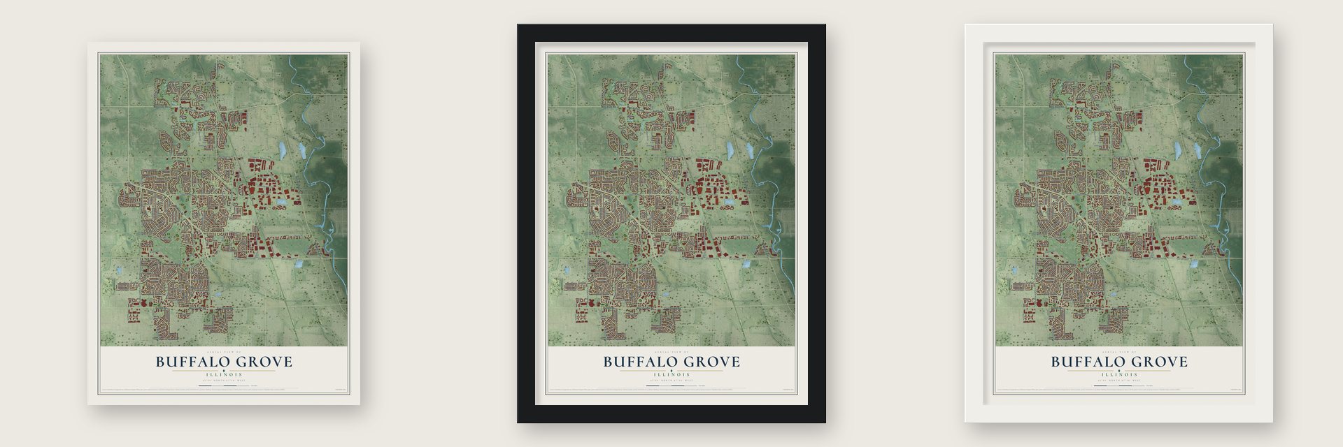 Buffalo Grove, Illinois map unframed, in a black wood frame and in a white wood frame