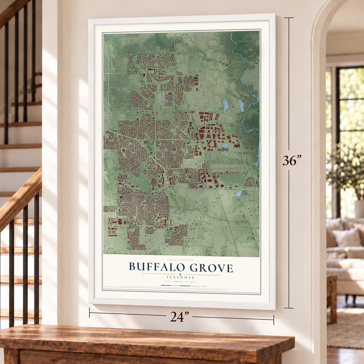 Buffalo Grove, Illinois map, 24 x 36 inch print in a white frame by a staircase