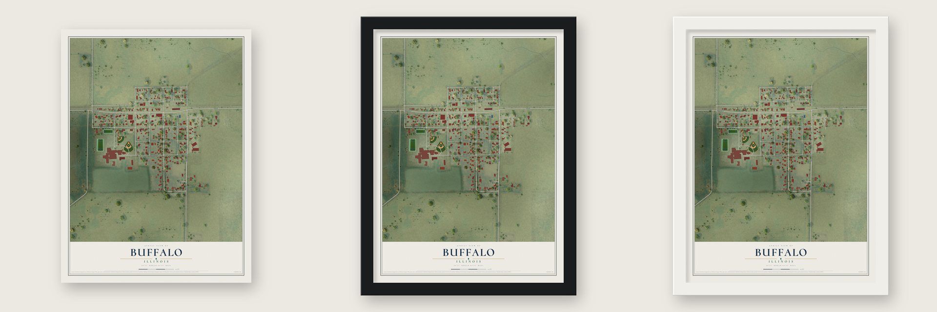 Buffalo, Illinois map unframed, in a black wood frame and in a white wood frame