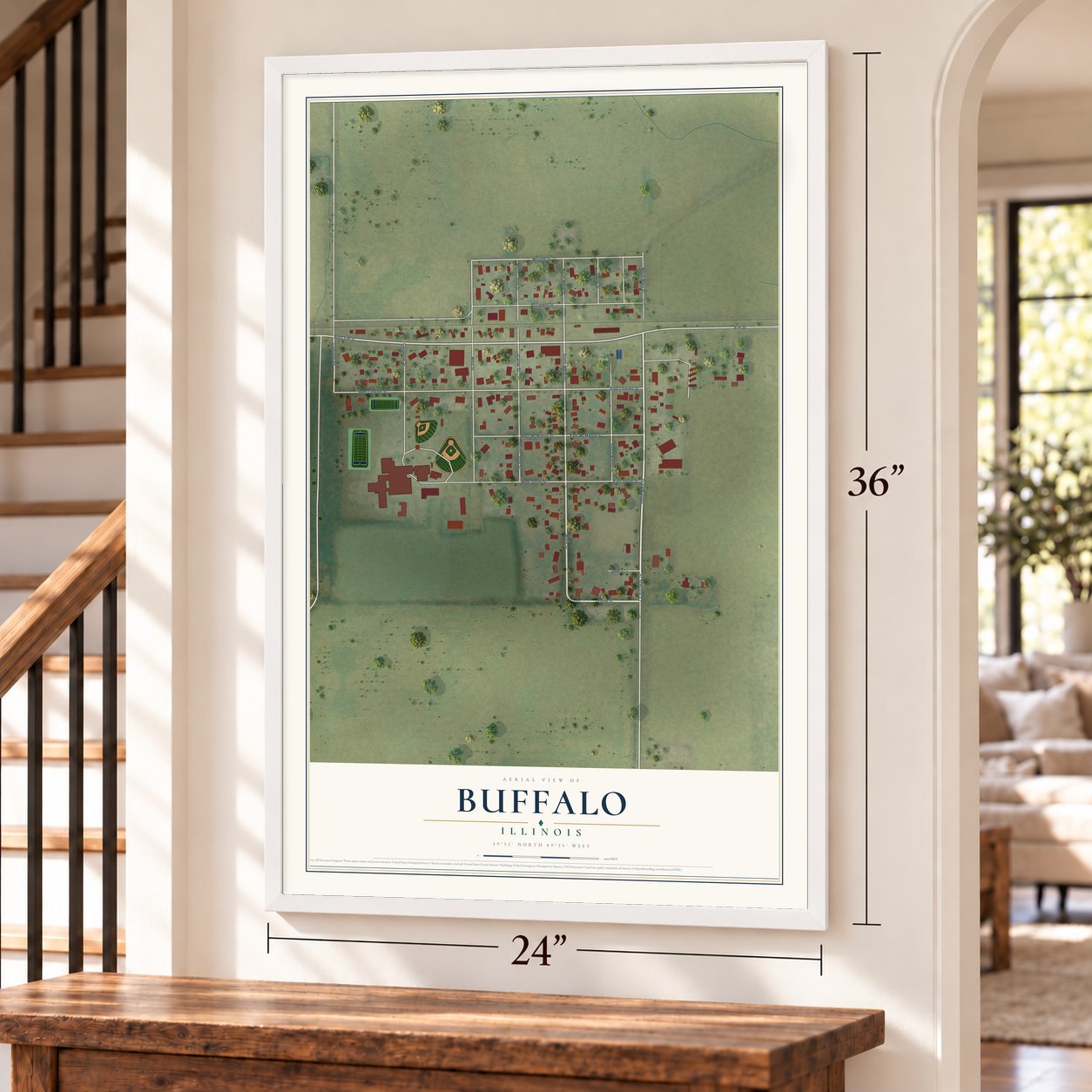 Buffalo, Illinois map, 24 x 36 inch print in a white frame by a staircase