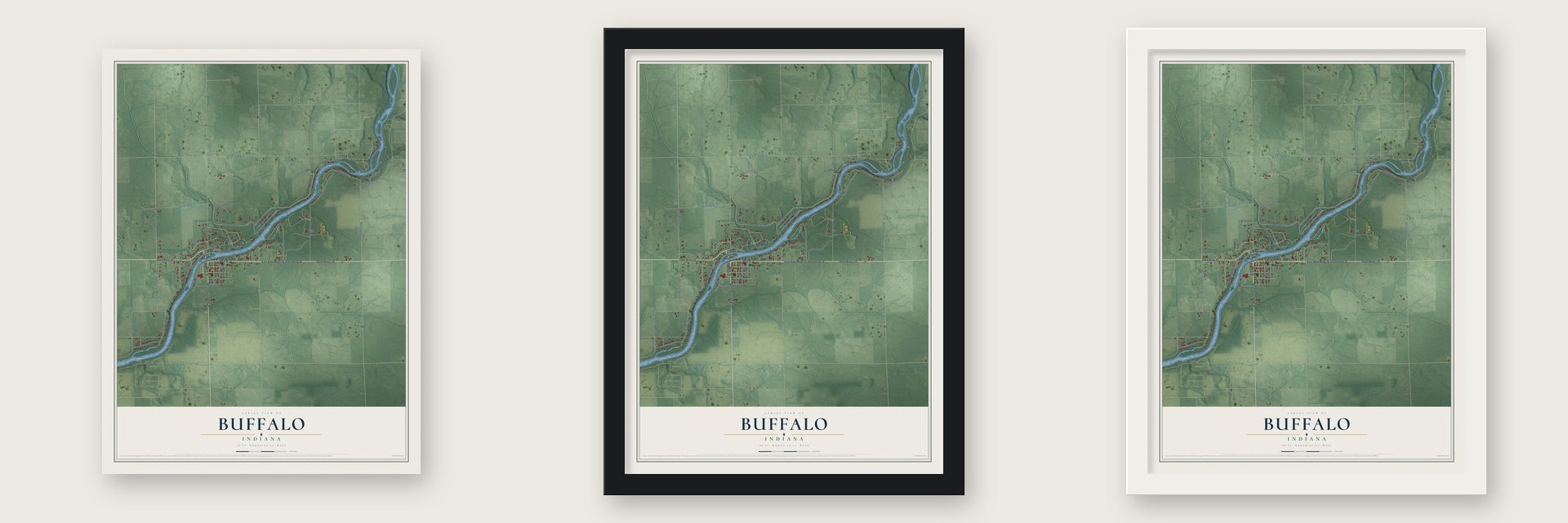 Buffalo, Indiana map unframed, in a black wood frame and in a white wood frame