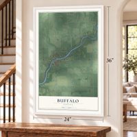 Buffalo, Indiana map, 24 x 36 inch print in a white frame by a staircase