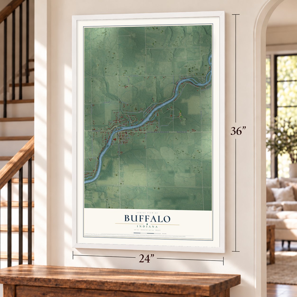 Buffalo, Indiana map, 24 x 36 inch print in a white frame by a staircase